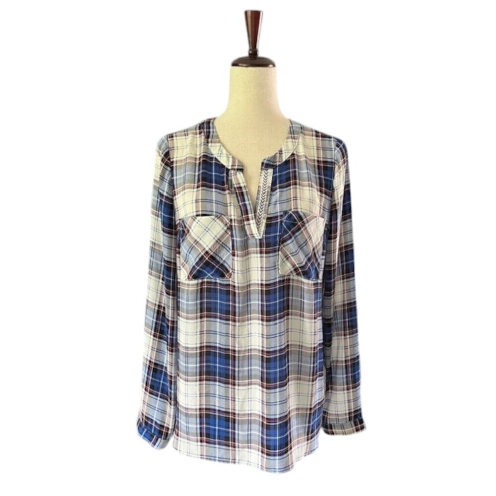 Anthropology Skies are Blue Top Womens Blue Plaid Chiffon Pockets Split Neck Med